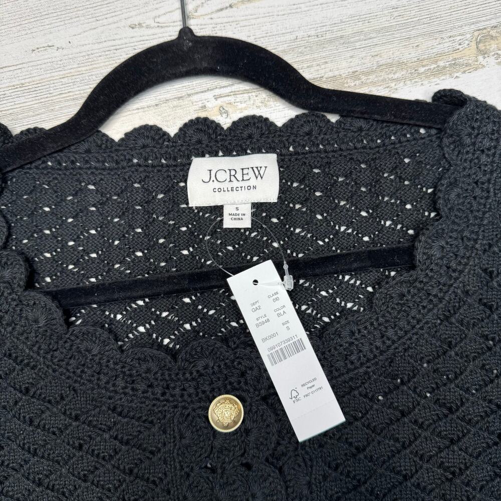 J. Crew Collection Black Crochet Cardigan Sweater Scallop Trim Open Knit Crop S - Picture 9 of 11